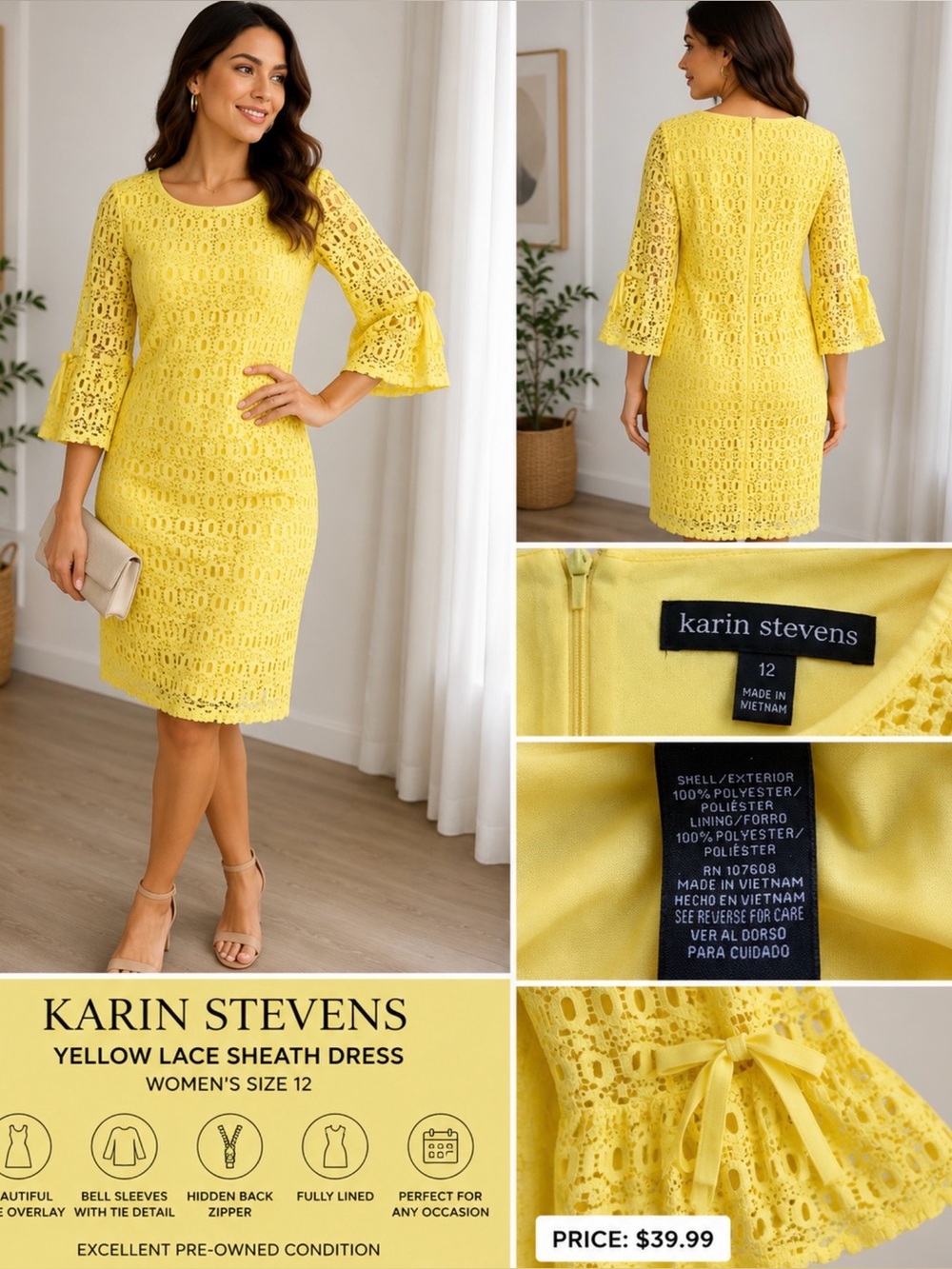 Karin Stevens Yellow Lace Sheath Dress Women’s Size 12 Bell Sleeve